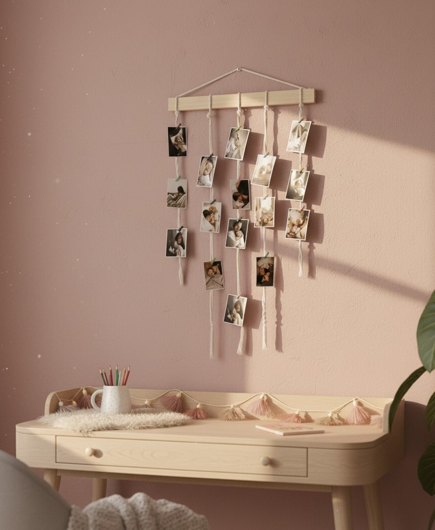 Pêle-mêle mural en bois avec cordes – Support photos décoratif (50 × 70 cm)