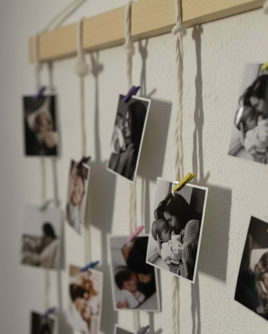 Pêle-mêle mural en bois avec cordes – Support photos décoratif (50 × 70 cm)