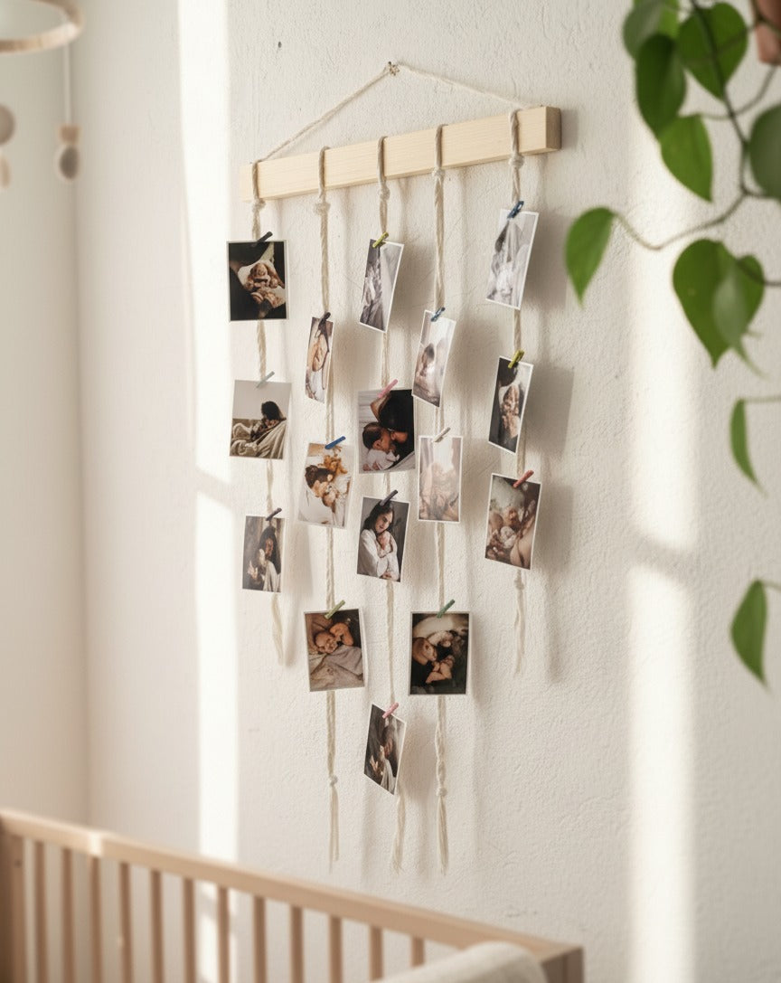 Pêle-mêle mural en bois avec cordes – Support photos décoratif (50 × 70 cm)