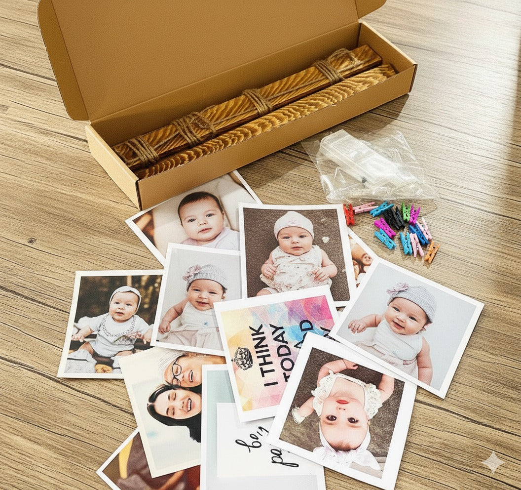 Pêle-mêle mural en bois avec cordes – Support photos décoratif (50 × 70 cm)