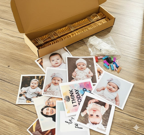 Pêle-mêle mural en bois avec cordes – Support photos décoratif (50 × 70 cm)